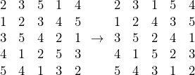 \[\begin{matrix}2 & 3 & 5 & 1 & 4 \\1 & 2 & 3 & 4 & 5 \\3 & 5 & 4 & 2 & 1 \\4 & 1 & 2 & 5 & 3 \\5 & 4 & 1 & 3 & 2\end{matrix}\hspace{5pt}\rightarrow\hspace{5pt}\begin{matrix}2 & 3 & 1 & 5 & 4 \\1 & 2 & 4 & 3 & 5 \\3 & 5 & 2 & 4 & 1 \\4 & 1 & 5 & 2 & 3 \\5 & 4 & 3 & 1 & 2\end{matrix}\]